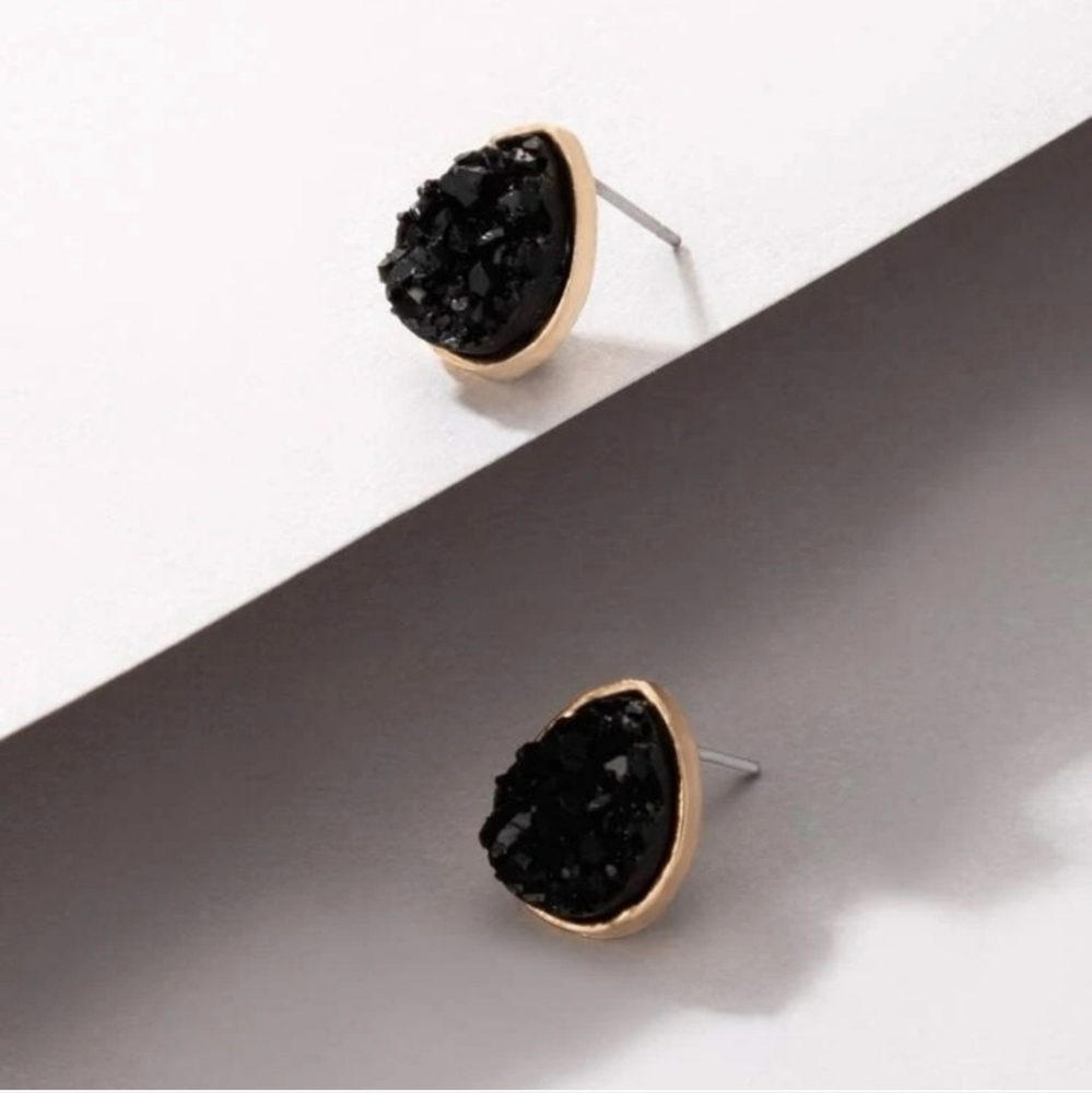 Black Crystal Druzy Stone Teardrop Stud Earrings